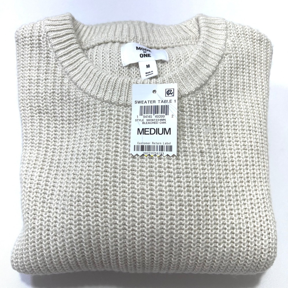 Mode of One Mens Ribbed Crewneck Sweater Bleached Oak Cream  Medium New